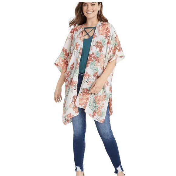 Maurices White & Orange Tropical Floral Open Kimono One Size - Picture 8 of 8